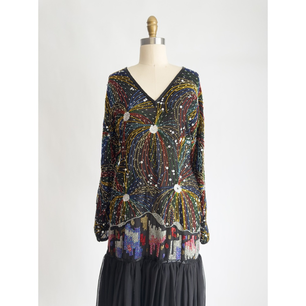 Judith Ann Creations vtg black‎ silk hand beaded fireworks dress S-M - Picture 3 of 9